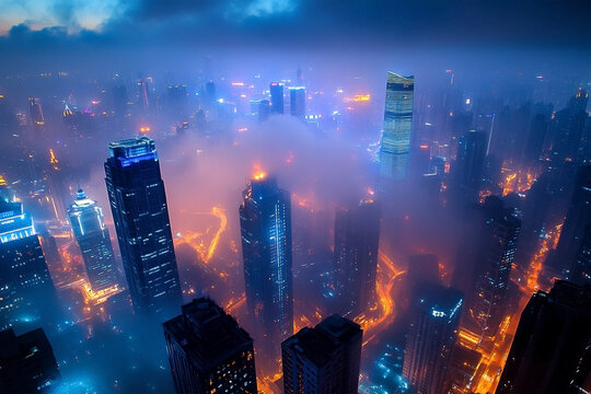 High Angle View of a Misty City Skyline at Night with Glowing Lights and Clouds