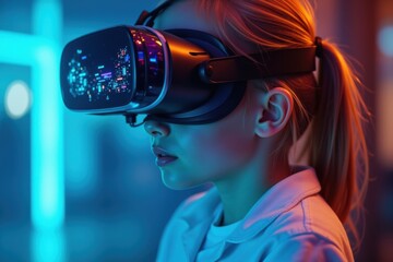 Young girl wearing futuristic VR headset immersed in virtual reality experience, neon cyberpunk lighting, technology concept for gaming, metaverse, and innovation visuals