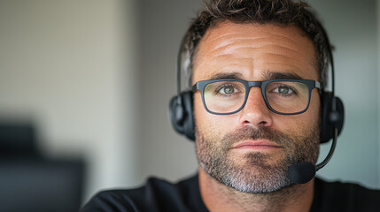 Focused call center representative wearing headset, displaying professionalism and attentiveness