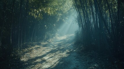 Obraz premium Sunlight Streams Through Bamboo Forest Path Creating an Ethereal and Atmospheric Landscape
