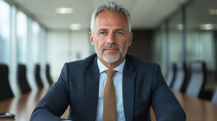 Fototapeta premium Professional man in suit sitting confidently at boardroom table, exuding leadership and focus