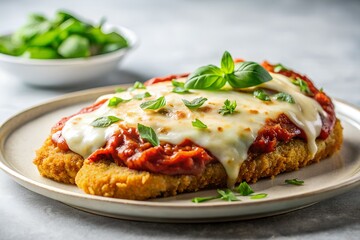 chicken parmesan with marinara and melted cheese in white background