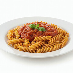 Penne pasta with tomato sauce on a white plate on a white background