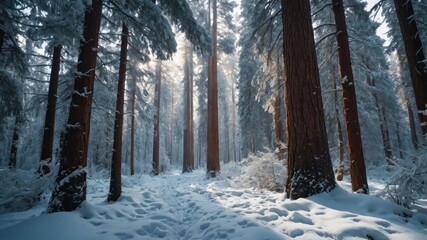 Naklejka premium Snowy Forest Path with Tall Trees and Sunlight Filtering Through