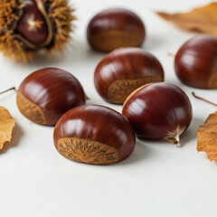 Autumn composition with chestnuts and leaves on a white background.