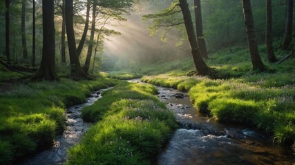 Obraz premium Stream Flowing Through Forest with Sunlight Filtering Through Trees