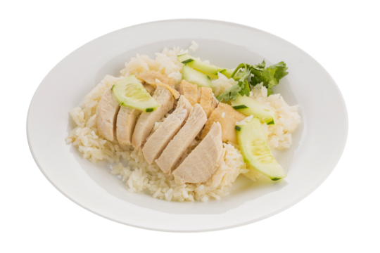 Hainanese chicken rice,  Thai gourmet steamed chicken with rice isolated on a transparent background.