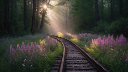 Fototapeta premium Train Tracks Curving Through Forest with Sun Rays and Flowers