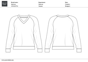 V-neck sweatshirt technical drawing fashion flat sketch vector illustration template with tech pack details