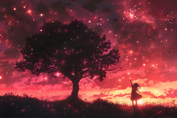 Twilight Reverie: A young girl's dreamy interaction with the universe
