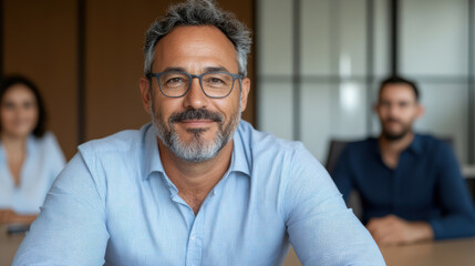 Obraz premium Professional man smiling in meeting room, exuding confidence and leadership