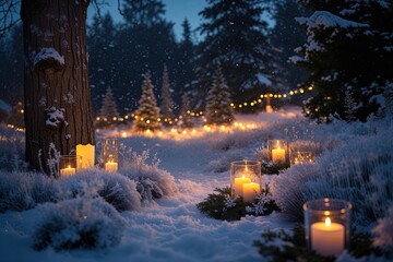 Fototapeta premium Enchanting Winter Glade at Dusk with Snowflakes and Candlelight Illumination