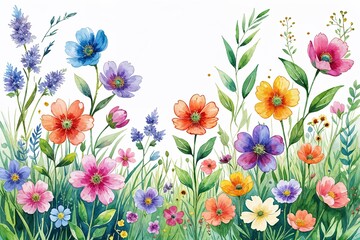 Colorful Spring Meadow Vector Featuring Hand-Drawn Watercolor Flowers and Wildflower Foliage for Distinctive Prints and Floral Card Design