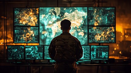 Soldier monitoring global crisis on screens
