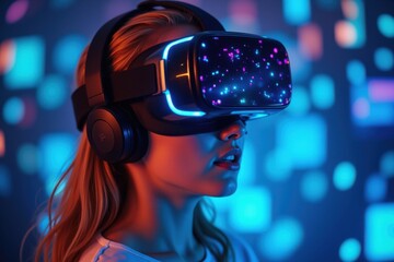 Young woman immersed in virtual reality, wearing a futuristic VR headset emitting glowing neon lights, surrounded by a dynamic cyberpunk-inspired digital environment