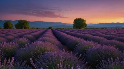 Obraz premium Lavender Field at Sunset Beautiful Landscape with Colorful Sky