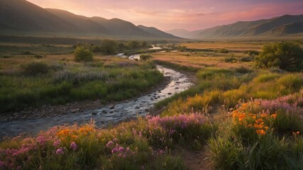 Obraz premium River Flowing Through Meadow with Wildflowers at Sunset Serene Landscape