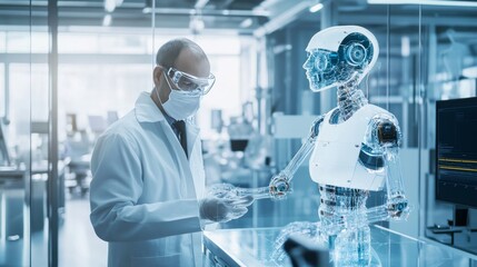 Fototapeta premium Robotics expert designing AI driven assistive robots for elderly care in a robotics lab, cutting-edge robotics lab with AI-enhanced robots designed to support elderly individuals, Scientific style
