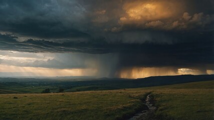 Incoming Rainstorm over Grassy Hills Landscape with Dark Dramatic Clouds