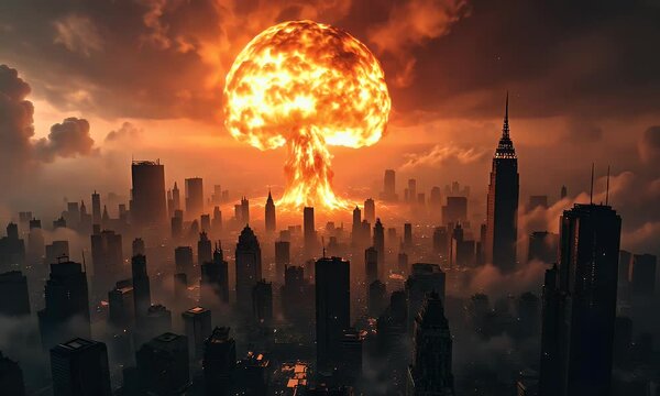 Nuclear Explosion Over City Skyline | Apocalyptic Doomsday Scene in 4K, Witness the devastating power of a nuclear explosion in this hyper-realistic 4K cinematic scene. 