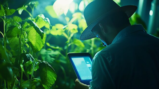 Smart farming engineer developing automated crop monitoring systems, agricultural tech lab with drones and sensors for crop management, Agricultural-tech style