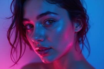 Sensual young woman with glowing skin in neon blue and pink lighting, futuristic beauty portrait concept, high quality close-up of stylish model with wet look makeup