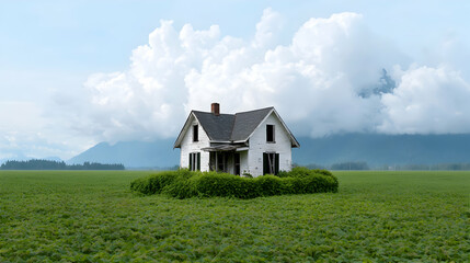 Obraz premium Overgrown Abandoned House in a Green Field under a Cloudy Sky
