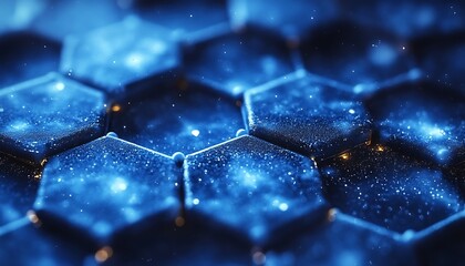 Abstract blue hexagonal structure with glowing particles.