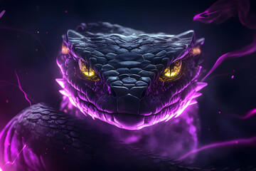 Close Up Of A Dark Snake With Glowing Purple Eyes In A Moody Portrait Photo