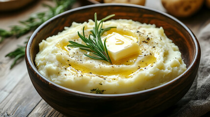 Creamy Mashed Potatoes with Melting Butter and Rosemary in Wooden Bowl on Rustic Tabletop