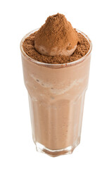Glass of chocolate milkshake Topped with chocolate powder isolated on a transparent background.