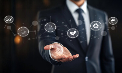 Businessman in Suit Presenting Environmental Icons and Digital Connectivity Symbols, Representing Innovation and Sustainability in Modern Corporate Practices