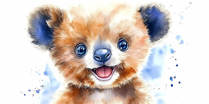 Cute Watercolor Bear Illustration Smiling with Blue and Brown Tones