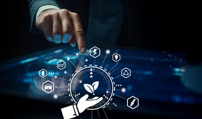 Businessman Using Innovative Technology to Promote Sustainability and Environmental Awareness through Digital Interface with Plant Symbol