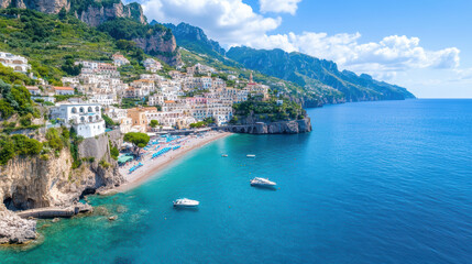stunning aerial view of Amalfi Coast, showcasing vibrant blue waters, sandy beaches