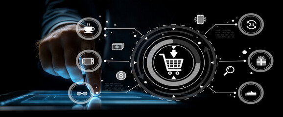 Futuristic shopping experience with digital interface, online purchasing, technology in retail, and interactive elements for modern consumers