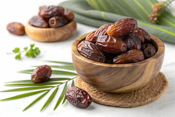 Medjool Dates in Traditional Bowl with Wooden Spoon, Dates , Ramadan,Fresh dates in beautiful ceramic dish, Ramadan fruits,Luxurious Khalas dates, top-down view. Rich texture ideal for Ramadan pic