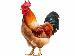 Fototapeta premium Detailed Photo Of Rooster On White Background With Red Crest And Brown Feathers