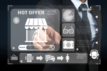 Businessman interacting with a digital display showcasing retail offers and promotional sales, illustrating e-commerce and technology integration for shoppers