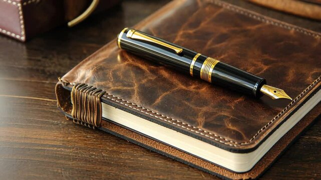 Elegant Fountain Pen Resting on a Rich Leather Bound Journal Close Up