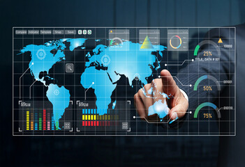 Digital Interface of Global Data Visualization with Geographical World Map and Interactive Touchscreen Elements for Business Analysis
