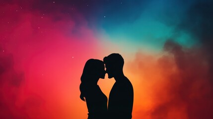 Ethereal Embrace of LGBTQ Couple Under a Glowing Sky of Colorful Nebula and Stars