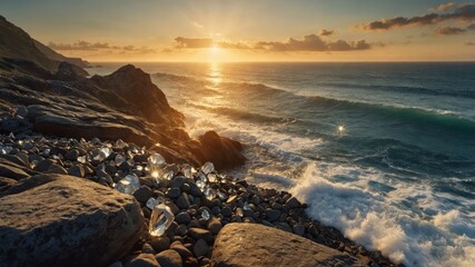 Obraz premium Ocean Waves Crashing on Rocky Shore at Sunset with Diamonds