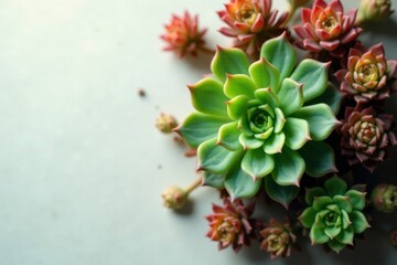 A vibrant collection of succulents, showcasing a variety of textures and colors, arranged artfully on a neutral backdrop.