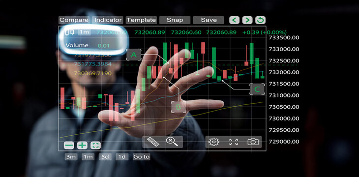 Futuristic financial trader in virtual reality, interacting with digital stock market data and advanced trading interface while wearing VR headset