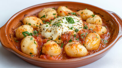 Baked gnocchi with tomato sauce and cheese, garnished with herbs, is comforting dish