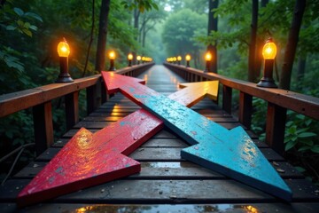 Arrows crossed at a T intersection on a wooden bridge, junction, option