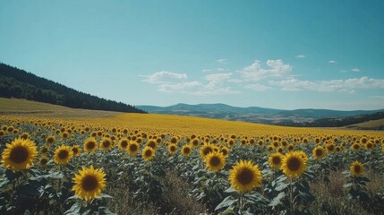 Obraz premium Sunflower Field Under Blue Sky with Mountain Landscape on a Sunny Summer Day