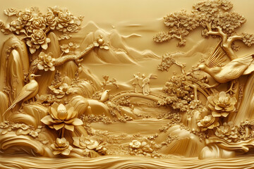 Golden Relief Sculpture Illustrating Peonies Birds and Scenic Landscape Art