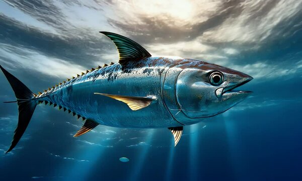 Vibrant Bluefin Tuna Swimming Gracefully in Sunlit Ocean Depths with Breathtaking Light Effects